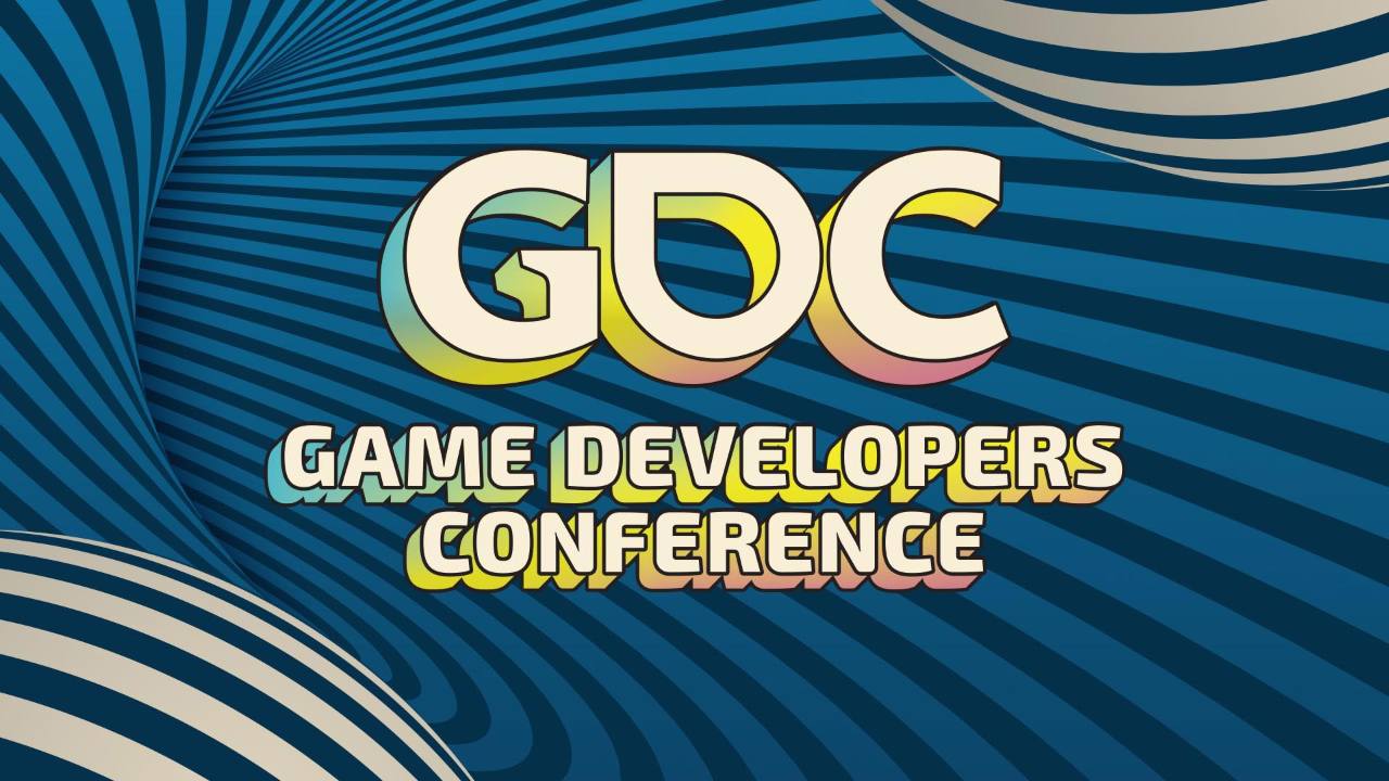 Um fundo listrado azul e amarelo com texto branco para GDC.