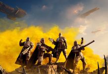 Helldivers 2 | Análise Análise: Um grupo de Helldivers em armaduras com armas e uma frota de naves espaciais voando no céu.