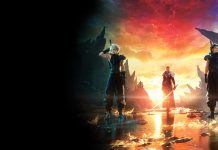 Final Fantasy VII Rebirth | Análise Três personagens de um videogame em uma paisagem dramática e apocalíptica com céu vibrante e reflexos na água.