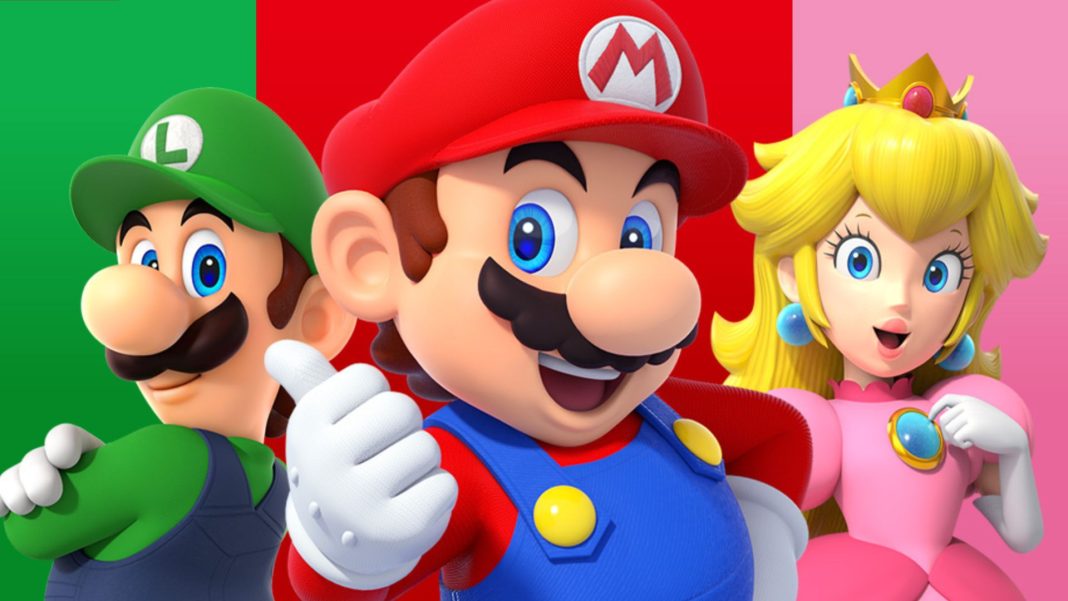 Nintendo Mario Bros e Princesas estão diante de um fundo colorido.