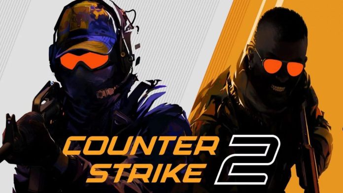 Imagem promocional do Counter-Strike 2 Feminino apresentando dois personagens mascarados com equipamento tático, um azul e outro preto, com óculos laranja brilhantes.