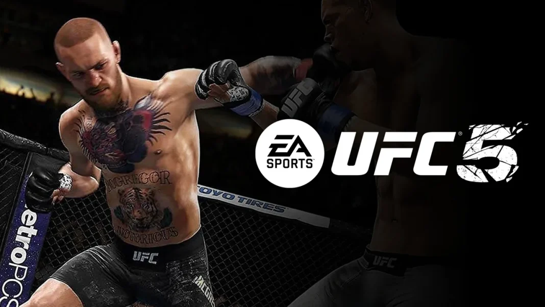 Descrição atualizada: Gráfico promocional do EA SPORTS UFC 5 apresentando dois lutadores virtuais em combate, apresentando atualizações no elenco e ajustes de jogabilidade.