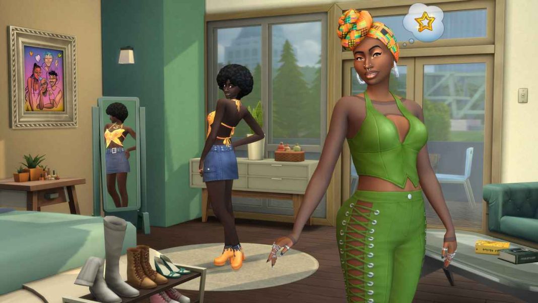 Duas mulheres em uma elegante sala de estar, uma olhando no espelho e a outra voltada para frente, ambas vestidas com roupas da moda do The Sims 4 Urbain Homage Kit. Duas mulheres em uma elegante sala de estar, uma olhando no espelho e a outra voltada para frente, ambas vestidas com roupas da moda do The Sims 4 Urban Homage Kit.