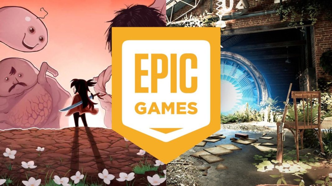 Gráfico promocional da Epic Games Store apresentando uma ilustração extravagante de uma garota e criaturas fantásticas em um cenário urbano extravagante e coberto de vegetação.