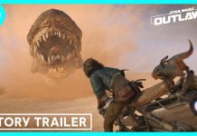 Star Wars Outlaws | Data de lançamento anunciada! Um personagem em uma speeder bike sendo perseguido por uma criatura grande no trailer da história Star Wars Outlaws.