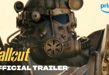 Fallout | Já na disponível na Prime Video Close de um robô da série "fallout", com detalhes mecânicos intrincados, contra um pôr do sol como pano de fundo, com texto "trailer oficial de fallout" e logotipo do Prime Video.