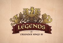 Crusader Kings III | Nova campanha para os iniciantes! Arte de 'Legends of Crusader Kings III' apresentando um emblema heráldico com dois leões e um dragão.