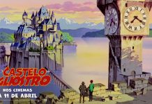 Cinema Português | Lupin III – O Castelo de Cagliostro, Digimon Adventure 02: O Início’ e The First Slam Dunk Dois personagens animados com vista para um castelo à beira-mar com uma torre de relógio proeminente em primeiro plano, que lembra uma cena de Lupin.