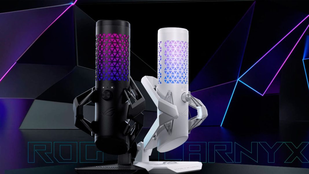 Dois microfones modernos, um preto e outro branco, exibidos com um fundo de iluminação dinâmica da ASUS ROG Carnyx.
