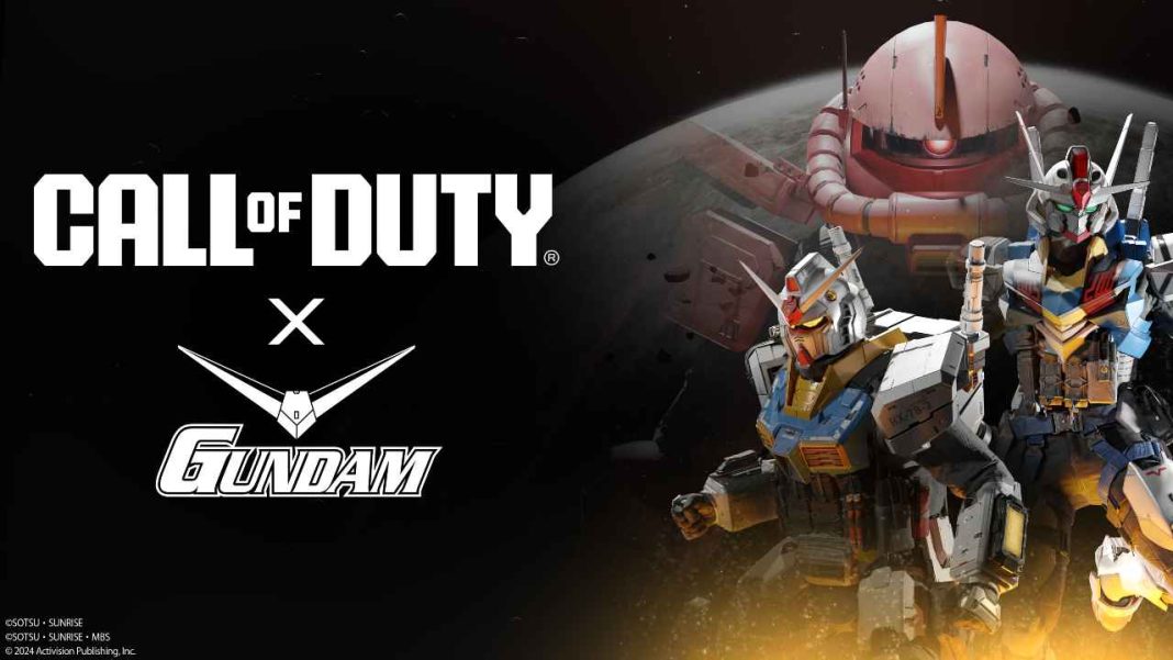 Imagem promocional apresentando uma colaboração entre Call of Duty e Mobile Suit Gundam, com texto e vários mechs Gundam em primeiro plano. Marque na sua agenda Junho 2024! Mobile Suit Gundam Legends Call of Duty x Gundam
