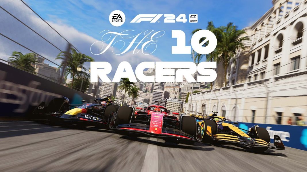 Uma capa de videojogos de corrida mostrando vários carros de Fórmula 1 percorrendo uma pista urbana. A sobreposição de texto diz "EA SPORTS F1 24: The 10 Racers.