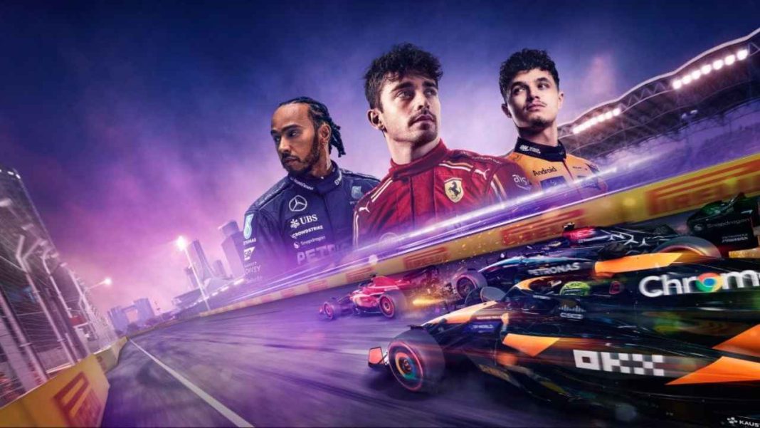 Três pilotos de Fórmula 1 estão diante de um cenário de corrida com vários carros na pista, estruturas brilhantes e o horizonte de uma cidade ao fundo, lembrando algo saído de um filme do Submundo.