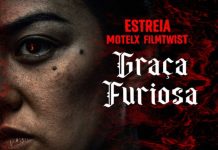 Graça Furiosa | De Paris Zarcilla tem Estreia Nacional com MOTELX e FilmTwist Close do rosto de uma mulher com olhos escuros e intensos. Fundo texturizado vermelho com texto "ESTREIA MOTELX FILMTWIST: Graça Furiosa." O seu olhar cativa, personificando a energia feroz de Graça Furiosa.