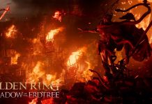 Elden Ring Shadow of the Erdtree | Novo trailer mostra a tirania da chama de Messmer! Imagem promocional de "Elden Ring: Shadow of the Erdtree" apresentando uma paisagem escura e ardente com uma estátua de uma figura encapuzada em meio às chamas, dominada pela presença imponente de Erdtree.
