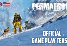 Permafrost | Novo jogo de sobrevivência cooperativo anunciado Uma pessoa com equipamento amarelo e um cachorro estão em uma paisagem nevada com edifícios em ruínas. O texto diz “Permafrost Official Game Play Teaser” com bandeiras do Reino Unido e dos EUA, capturando a essência dos desafios gelados do jogo.