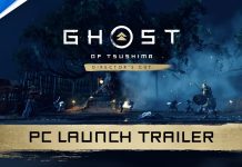 Ghost of Tsushima Director’s Cut | Já chegou ao PC Imagem promocional do trailer de lançamento para PC de "Ghost of Tsushima Director's Cut". O fundo mostra uma cena de batalha emocionante com guerreiros lutando sob um céu escuro e nublado.