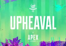 Apex Legends | Upheaval revelado com o novo trailer de jogabilidade. Gráfico promocional para "revolta" apresentando um fundo verde-azulado vibrante, esboços urbanos abstratos e logotipo "Apex Legends", estilizado em fontes modernas e ousadas.